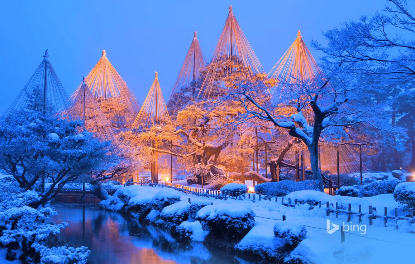 Фото обои зима, снег, парк, Япония, Кэнроку-эн, Канадзава