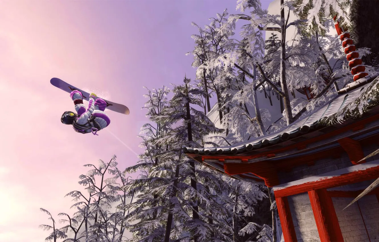 Фото обои крыша, сноуборд, Япония, пагода, в небе, деревья в снегу, кувырок