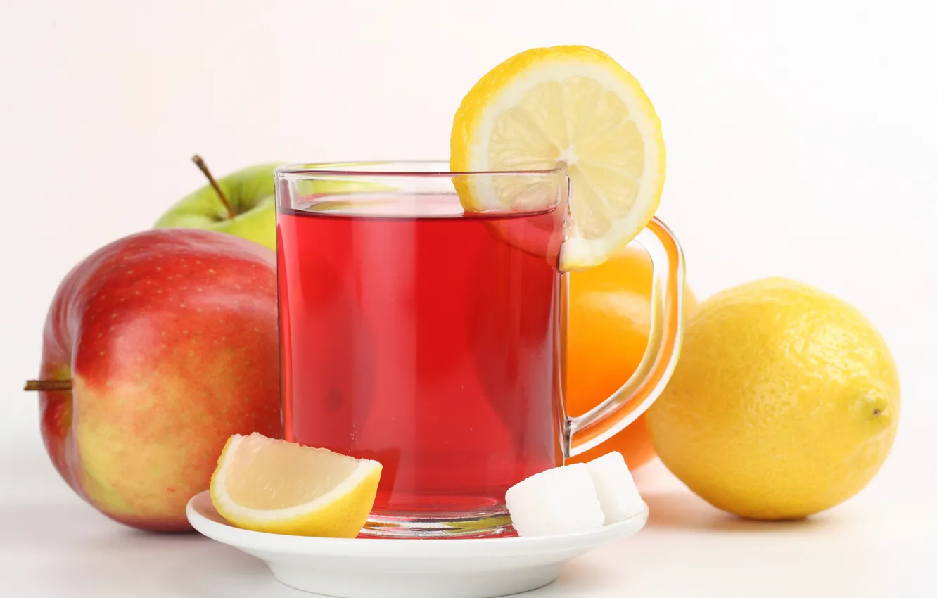 Фото обои лимон, чай, яблоко, чашка, сахар, фрукты