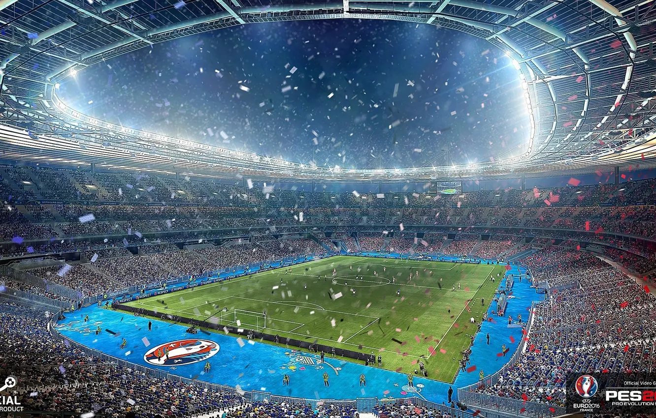 Фото обои газон, болельщики, стадион, футболисты, PES 2016, евро 2016