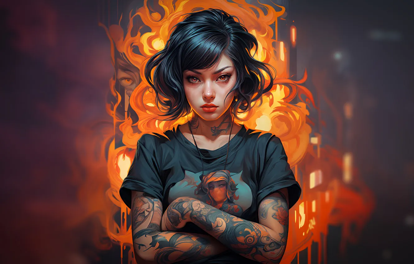 Фото обои portrait, AI art, lady on fire, Fire girl