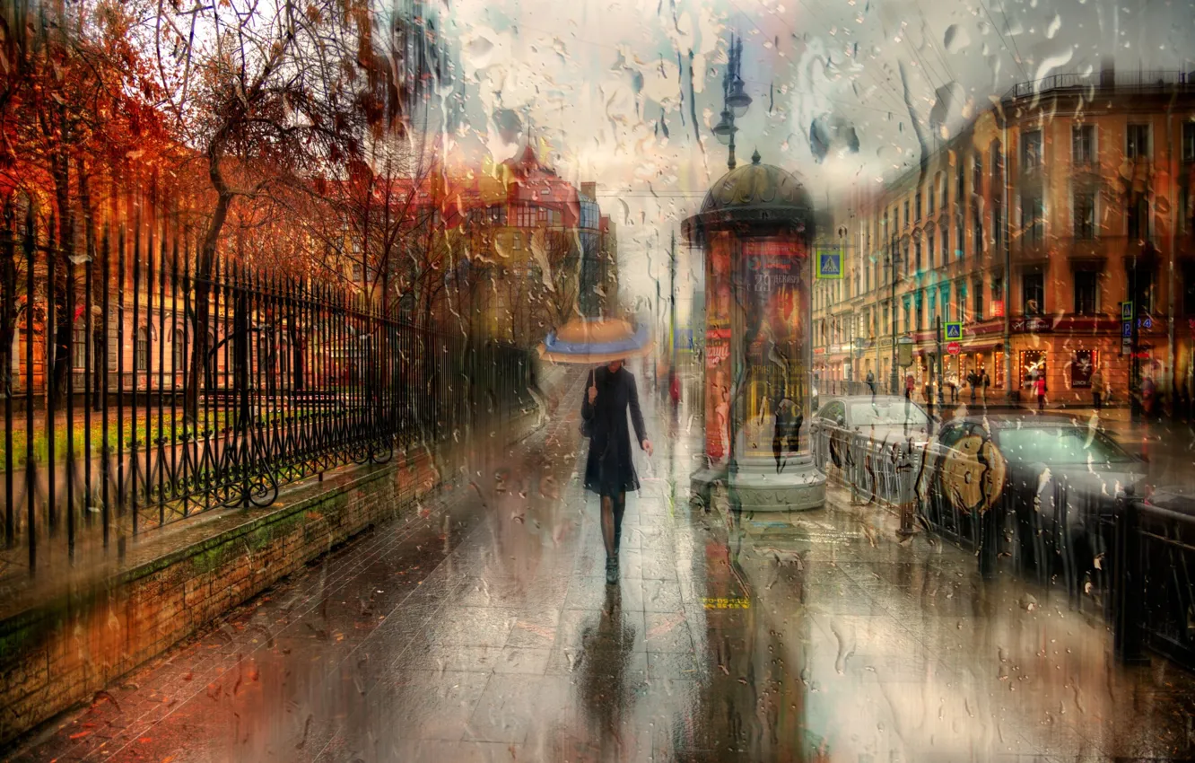 Фото обои осень, девушка, капли, город, дождь, зонт, прогулка, Россия