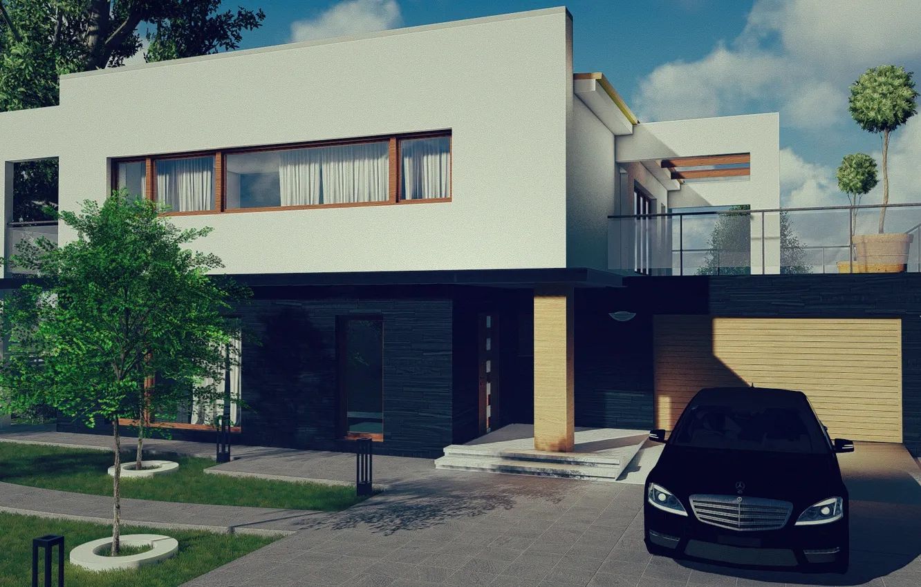 Фото обои небо, деревья, дома, коттедж, фасад