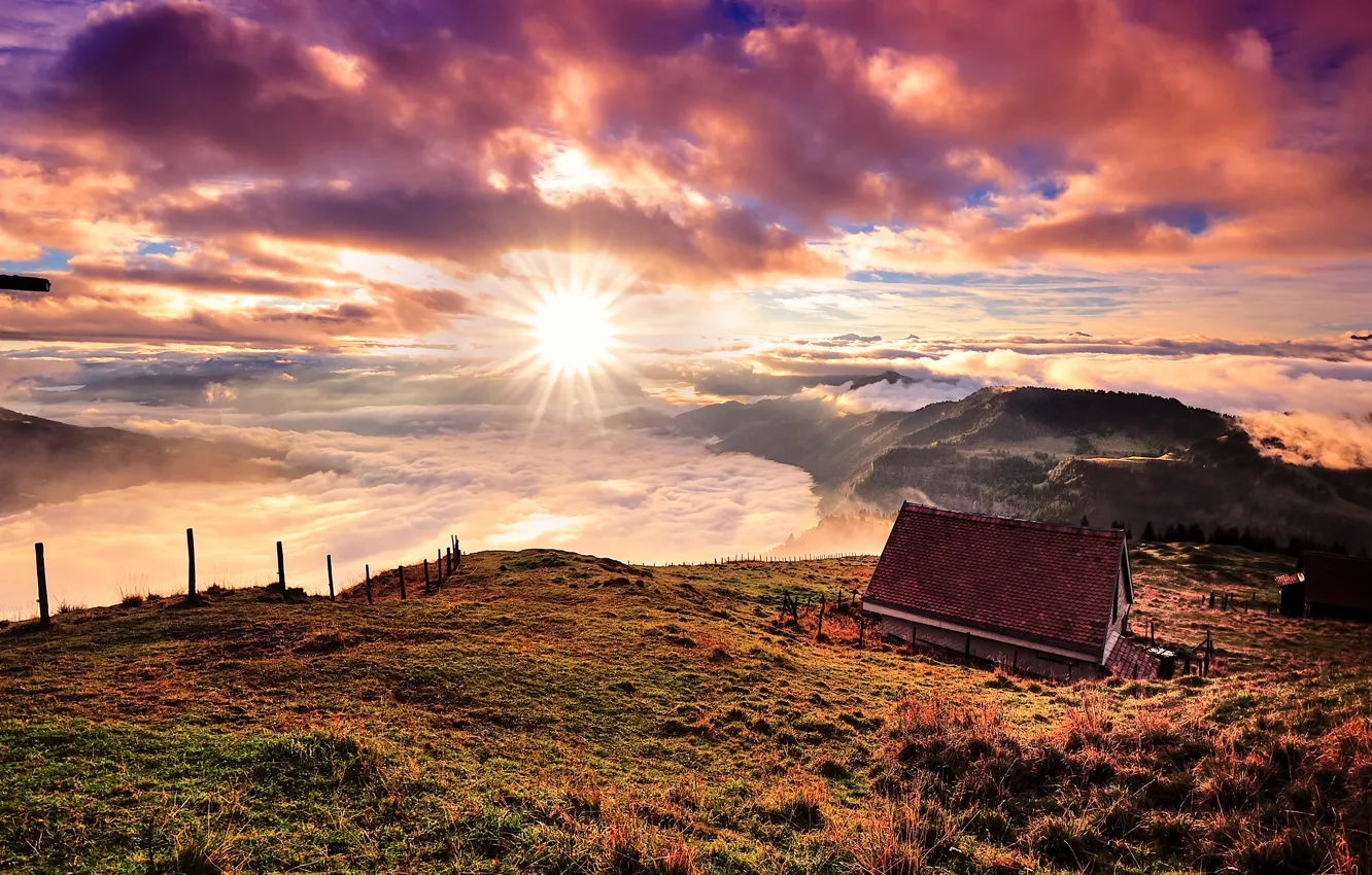 Фото обои солнце, облака, горы, дом, Швейцария