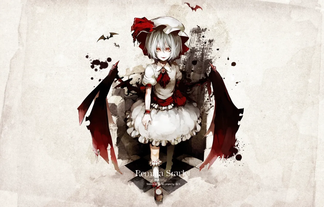 Фото обои летучие мыши, красные глаза, touhou, хищная, вампирша, Touhou Project, Remilia Scarlet, адская ухмылка