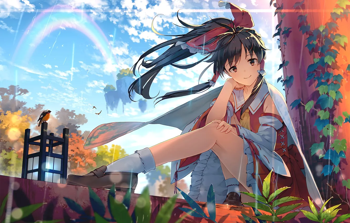 Фото обои небо, ветер, радуга, носки, птичка, бант, сидит, длинные волосы