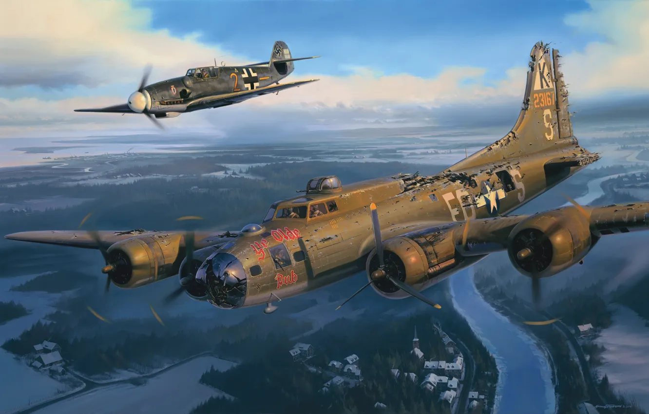 Фото обои Германия, истребитель, США, бомбардировщик, Bf-109, Nicolas Trudgian, B-17 “Ye Olde Pub”