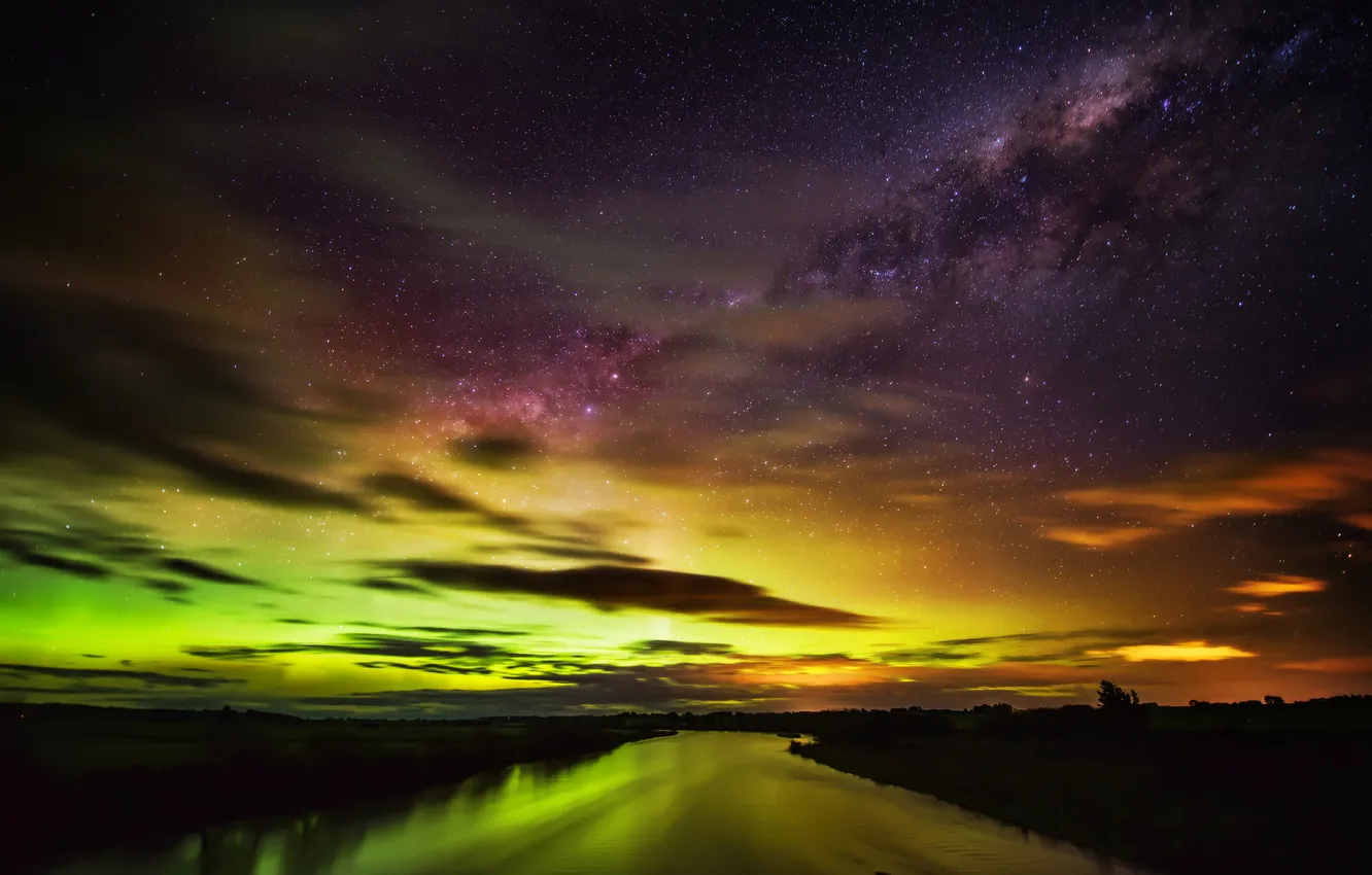 Фото обои звезды, ночь, сияние, река, Новая Зеландия