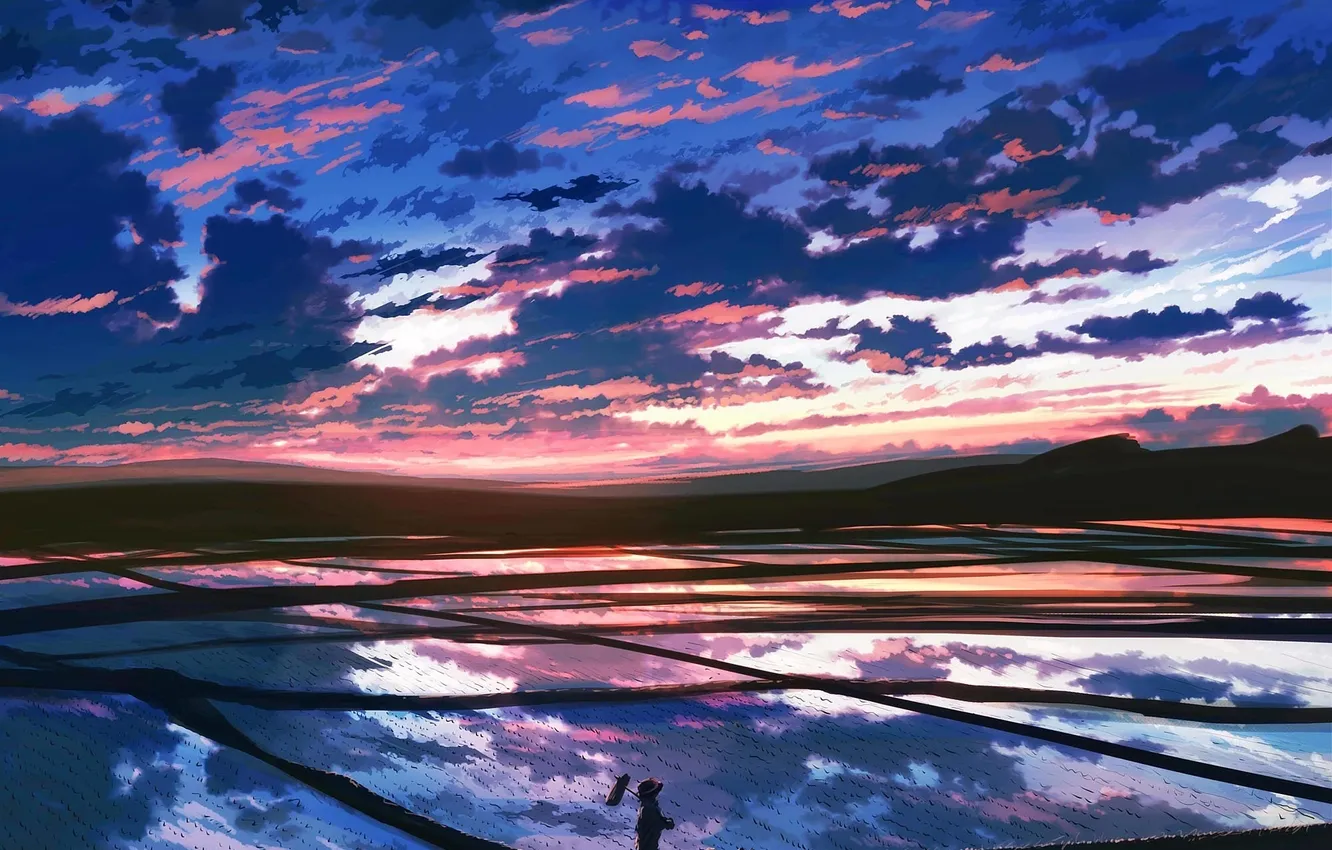 Фото обои небо, облака, рассвет, голубое, красивые, рисовое поле, Purple Clouds