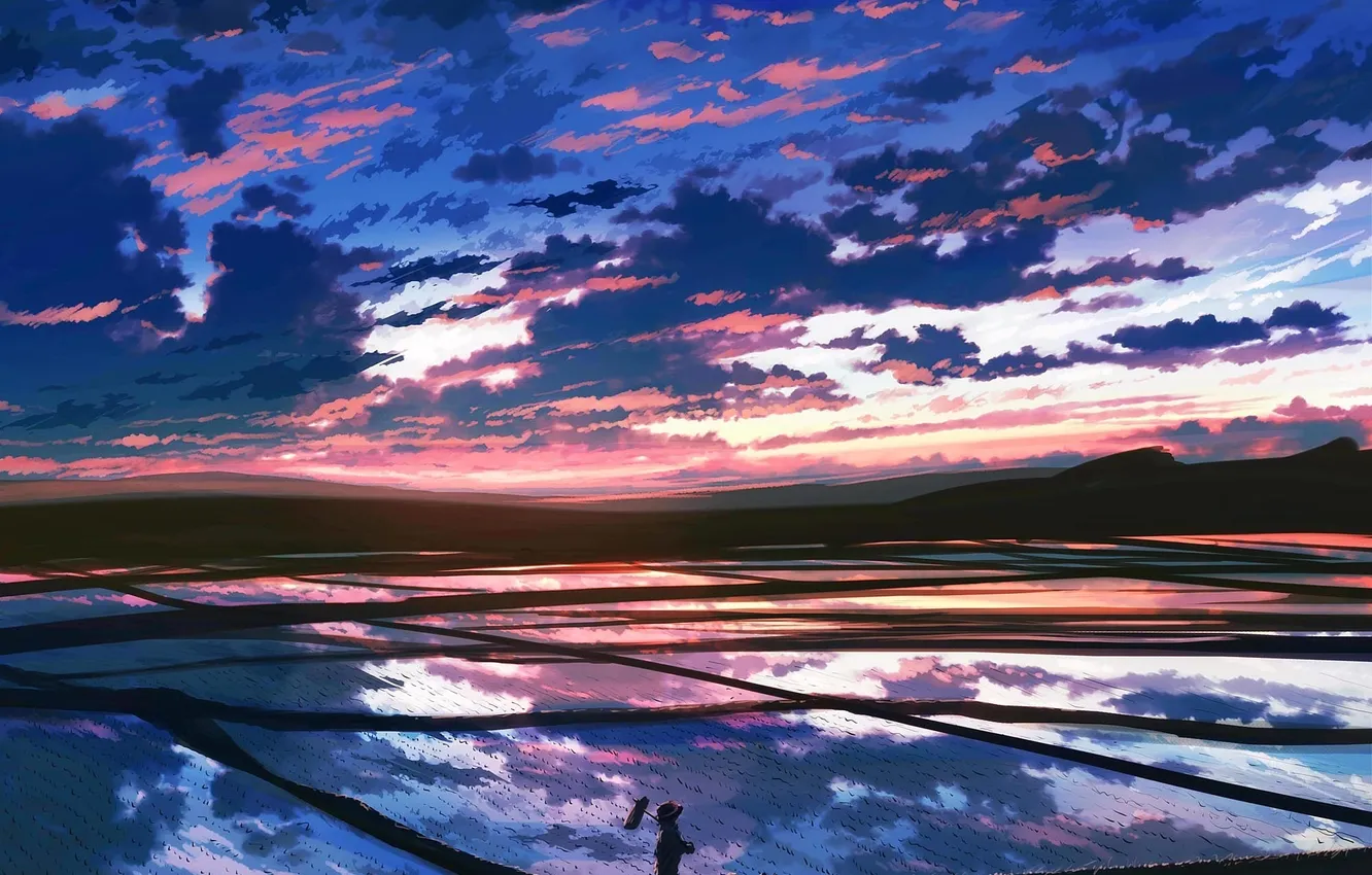 Фото обои небо, облака, рассвет, голубой, красивая, рисовое поле, Purple Clouds