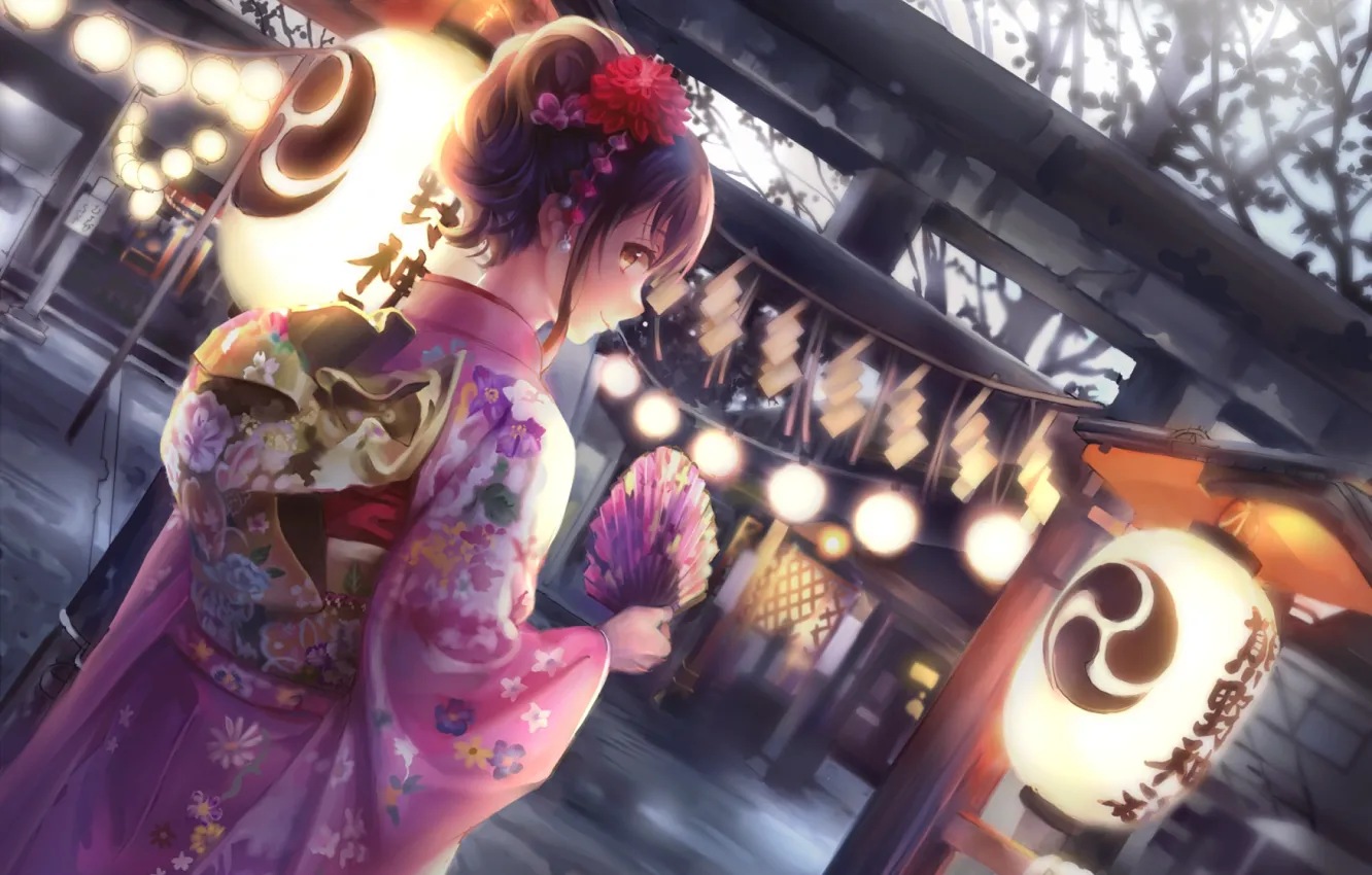 Фото обои японка, Япония, веер, фонари, иероглифы, храм, кимоно, лучи света