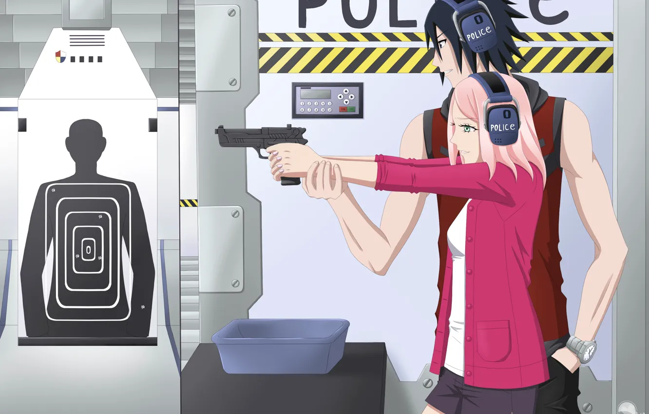 Фото обои пистолет, аниме, Сакура, пара, двое, Саске, Naruto, art