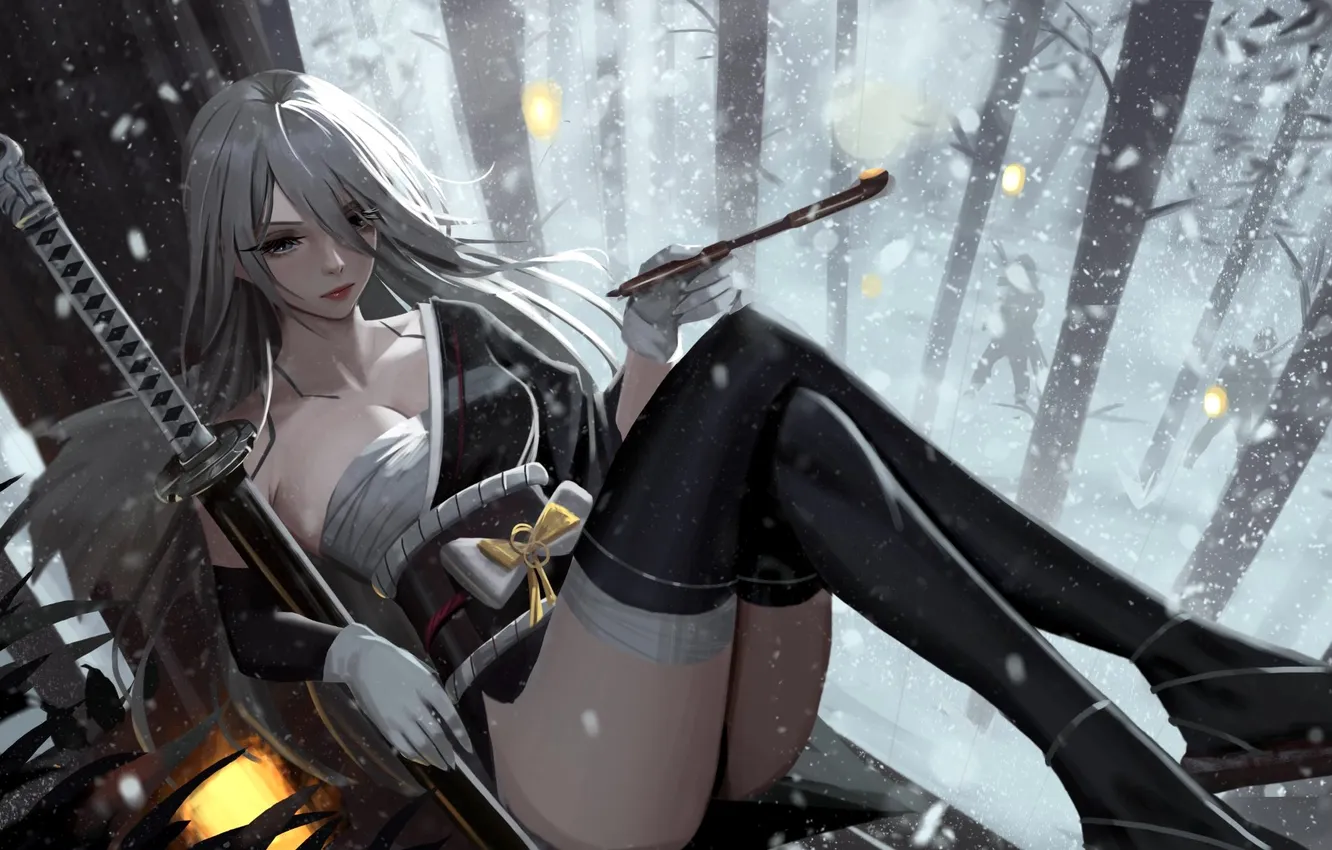 Фото обои girl, sword, fantasy, forest, cleavage, trees, stockings, snow