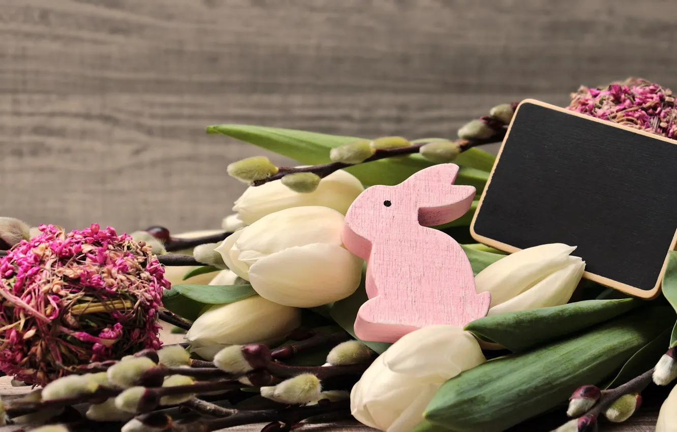 Фото обои цветы, кролик, Пасха, тюльпаны, Праздник, фигурка