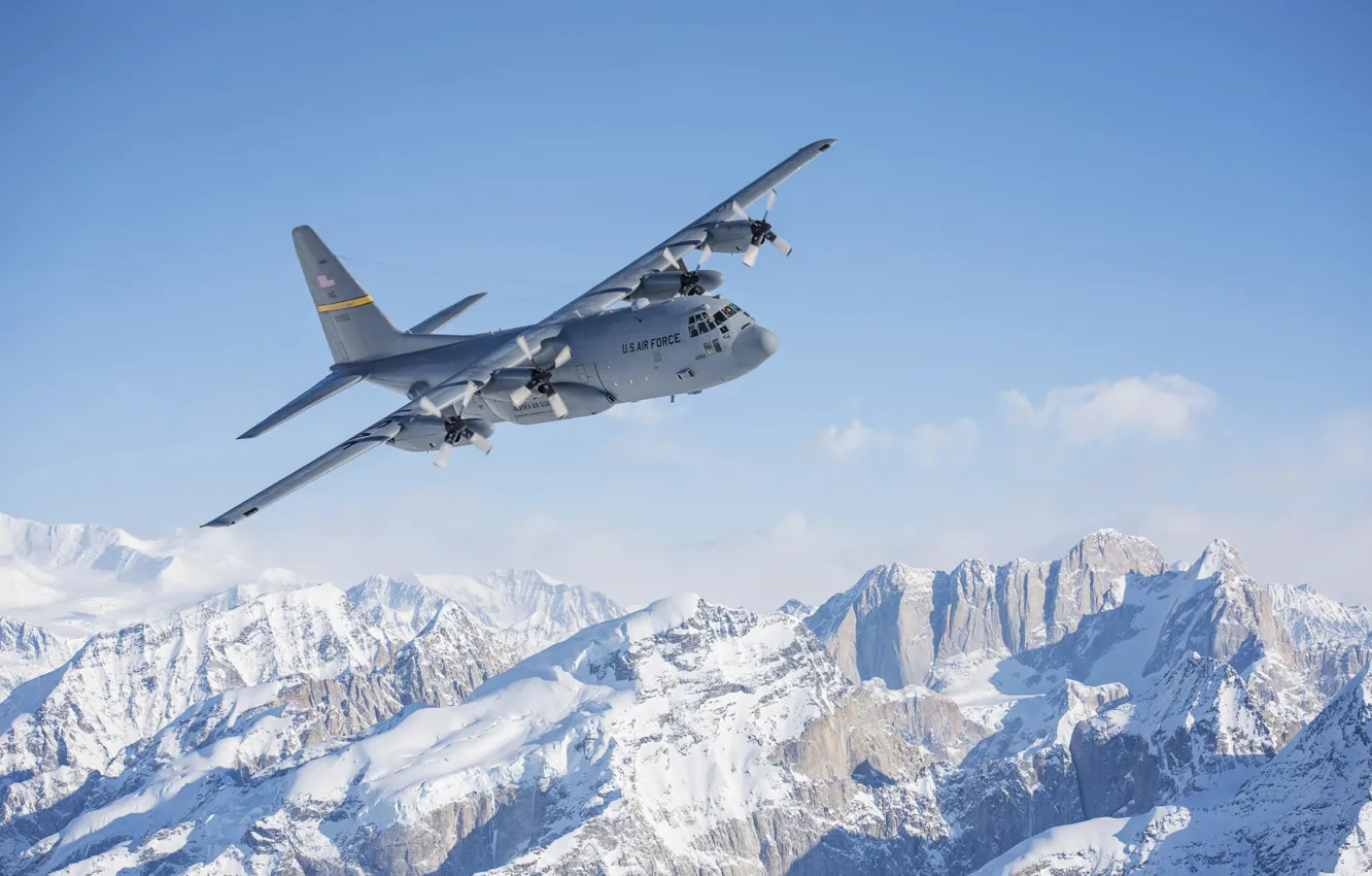 Фото обои Горы, Самолет, Снег, USAF, C-130 Hercules, C-130, Военно-транспортный, HC-130J Combat King II