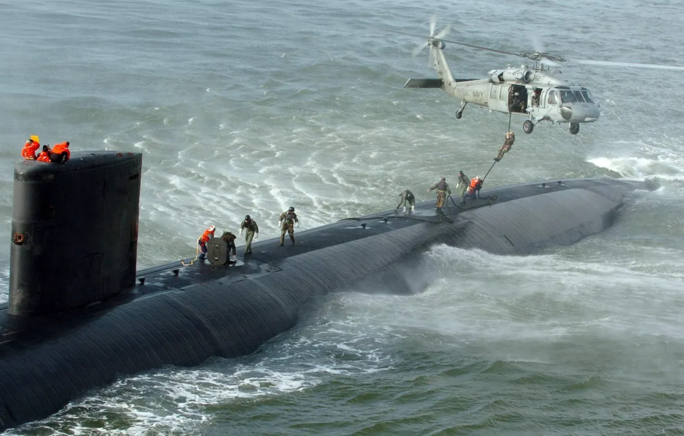 Фото обои sea, helicopter, submarine, navy, US Navy, SSN-769, Draft: 9.4 m (30 ft 10 in), USS …