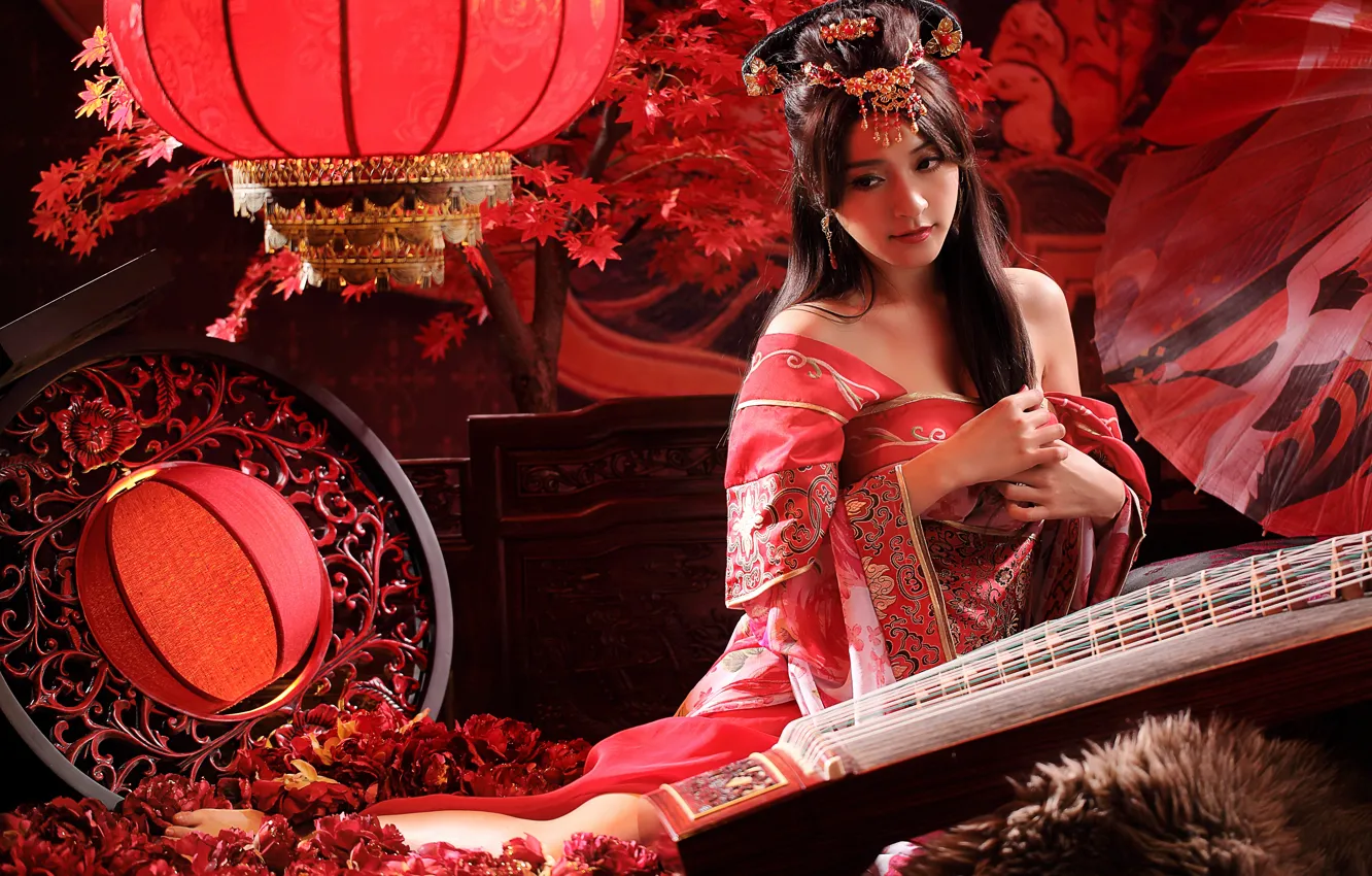 Фото обои стиль, музыкальный инструмент, восточная девушка