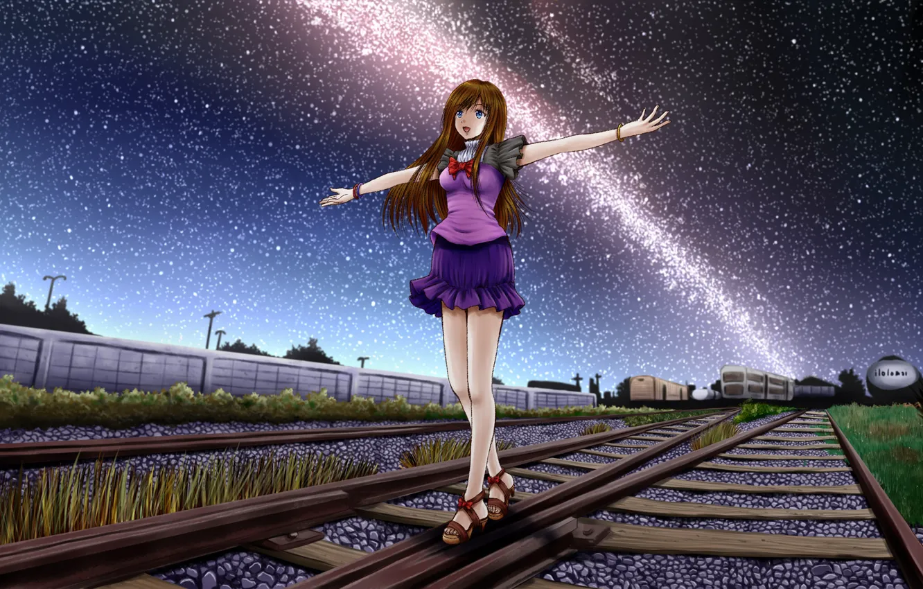 Фото обои трава, девушка, звезды, ночь, камни, забор, арт, железная дорога
