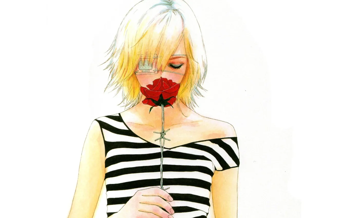 Фото обои полоска, роза, блондинка, белый фон, колючая проволка, повязка на глаз, чёлка, Omae ga Sekai o …