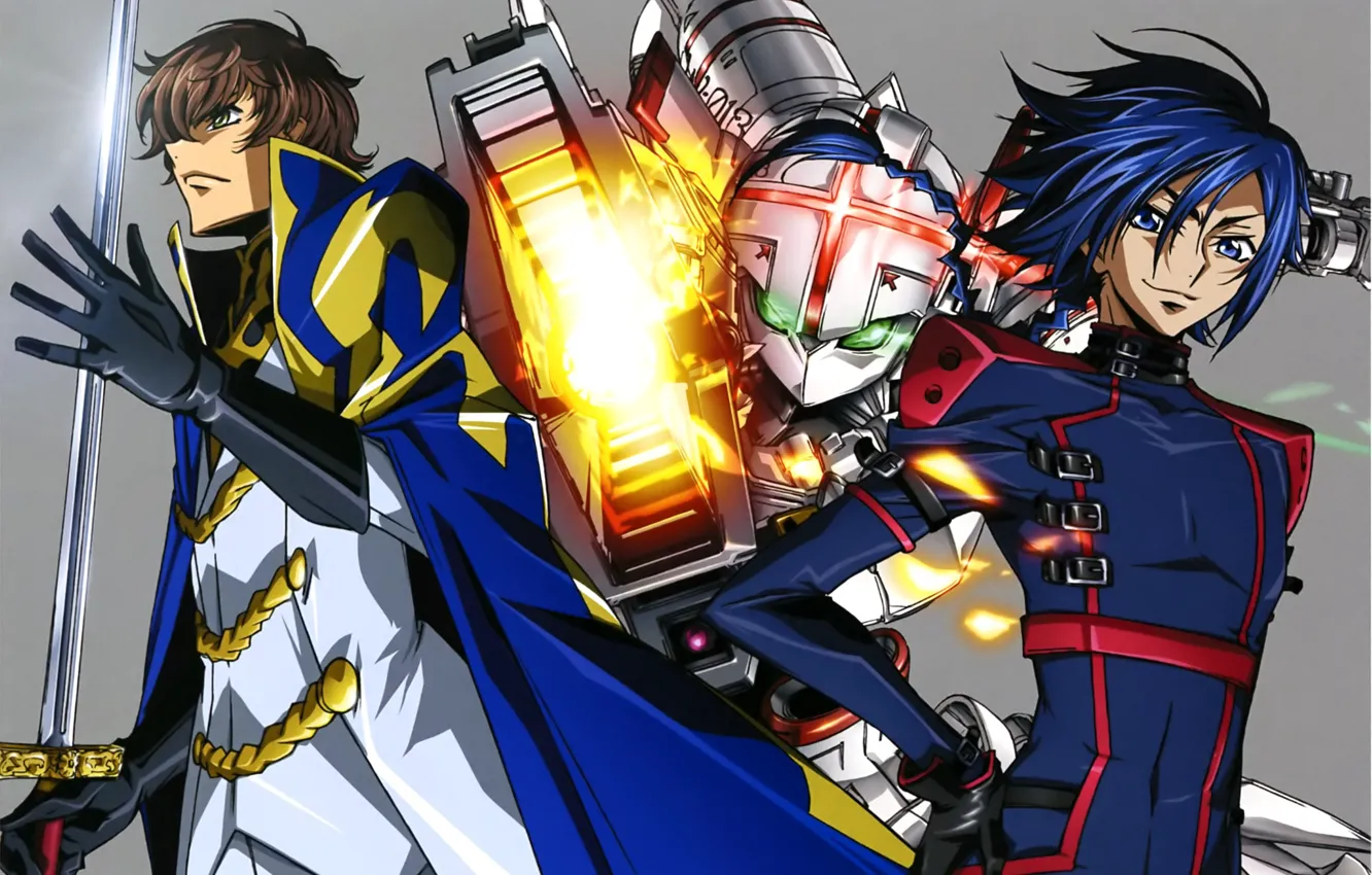 Фото обои меч, парни, плащ, военная форма, боевой робот, Отступник Акито, Akito the Exiled, Suzaku Kururugi