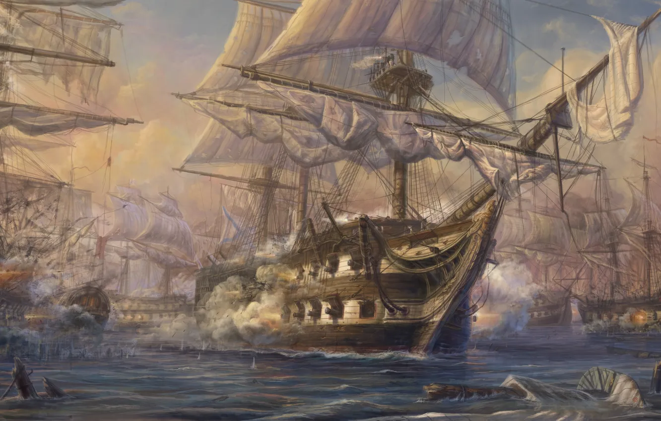 Фото обои море, корабли, пушки, арт, паруса, живопись, мачты