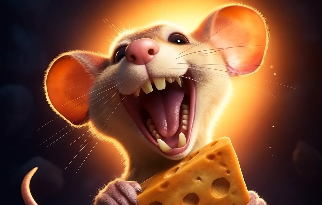Фото обои смех, зубы, рот, мышь, сыр, белая, уши, мордашка