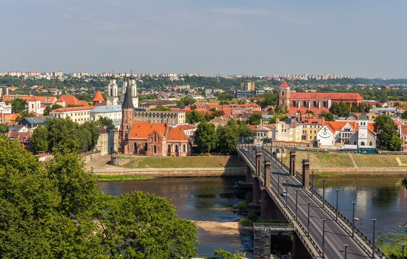 Фото обои мост, река, здания, архитектура, Литва, Каунас