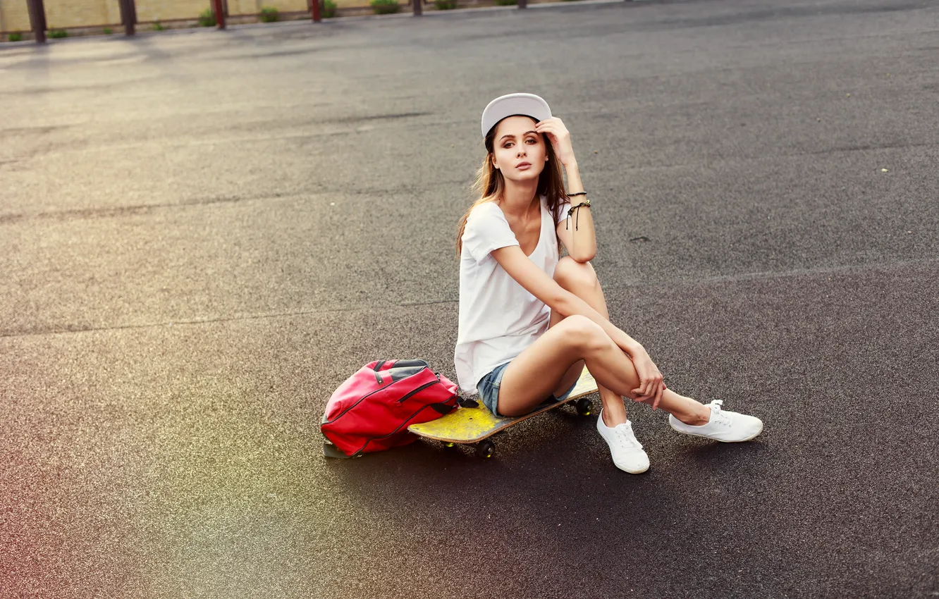 Фото обои girl, sunset, skateboard, sitting, pensive