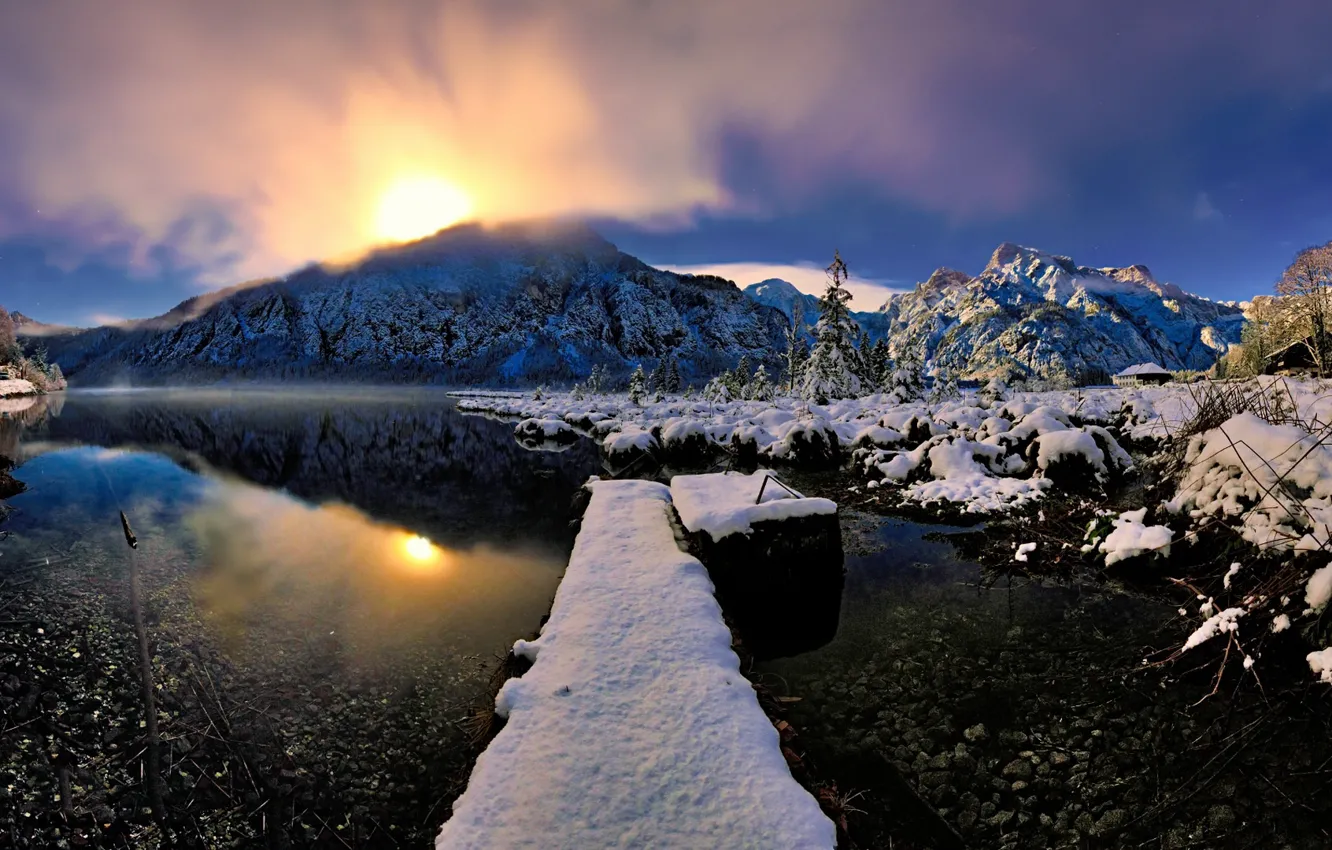 Фото обои зима, снег, природа, река