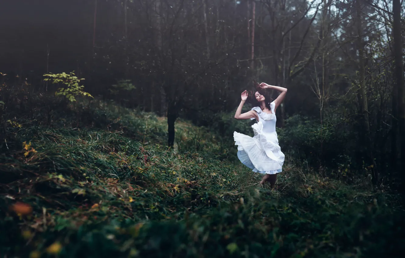 Фото обои лес, девушка, танец, платье, Dreamweaver, Andrea Peipe