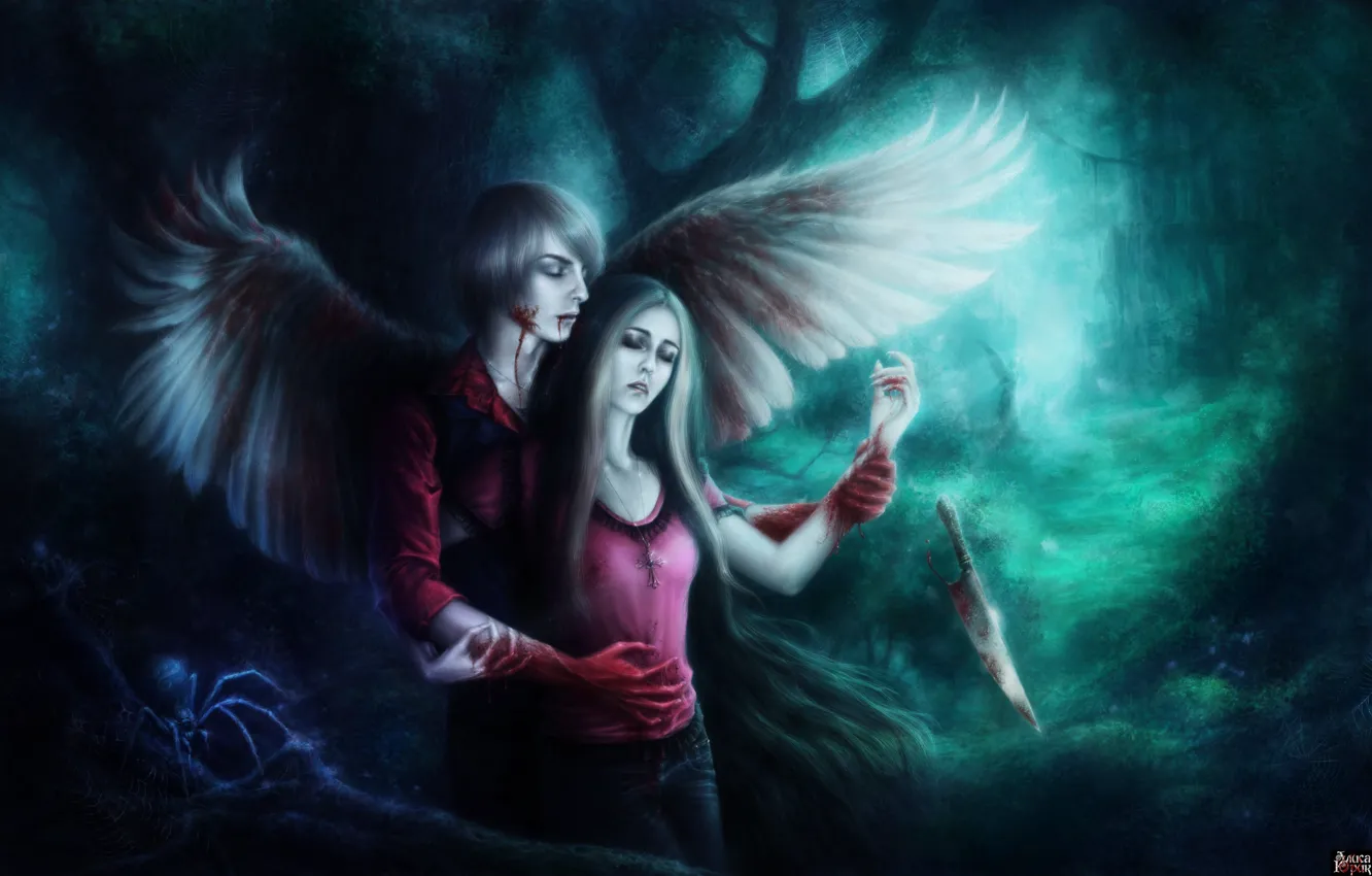 Фото обои лес, девушка, кровь, крылья, паук, арт, нож, парень
