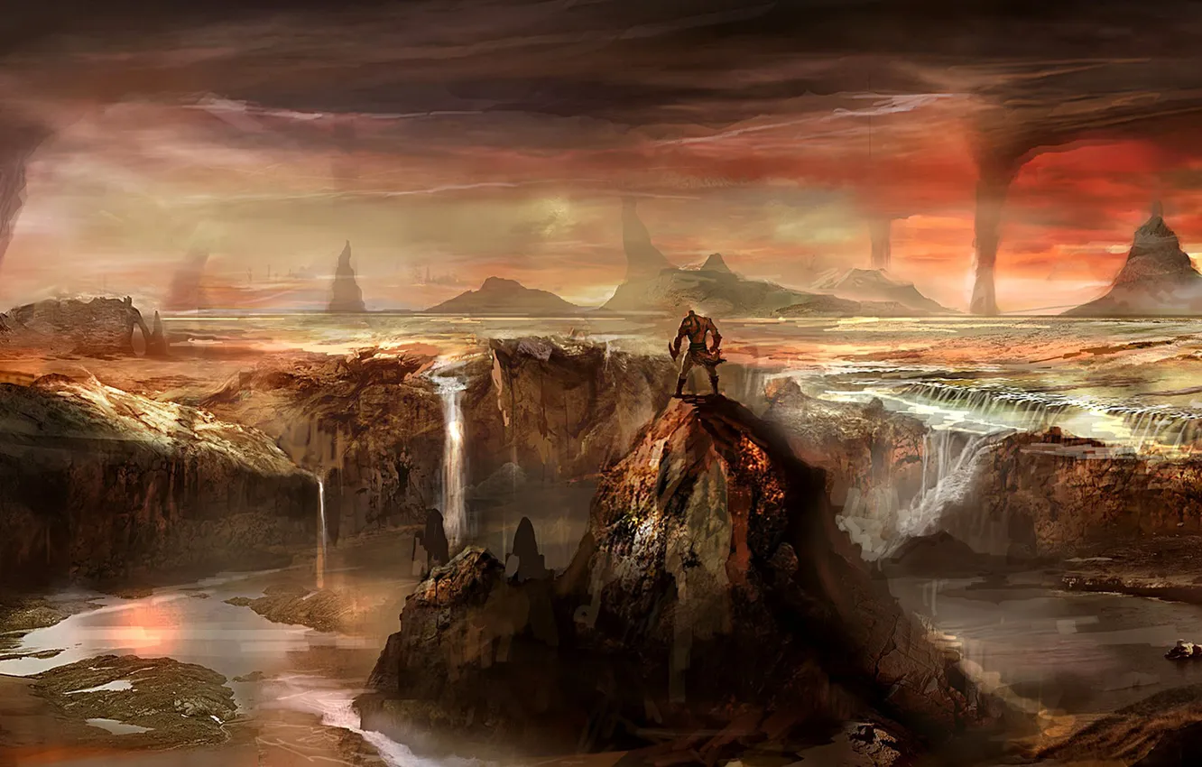 Фото обои пейзаж, горы, река, скалы, человек, водопад, god of war 3