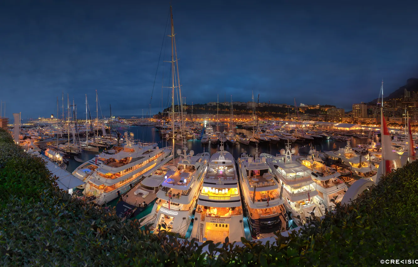 Фото обои panorama, night, yacht, monaco, port, monte carlo, hercule, yacht show