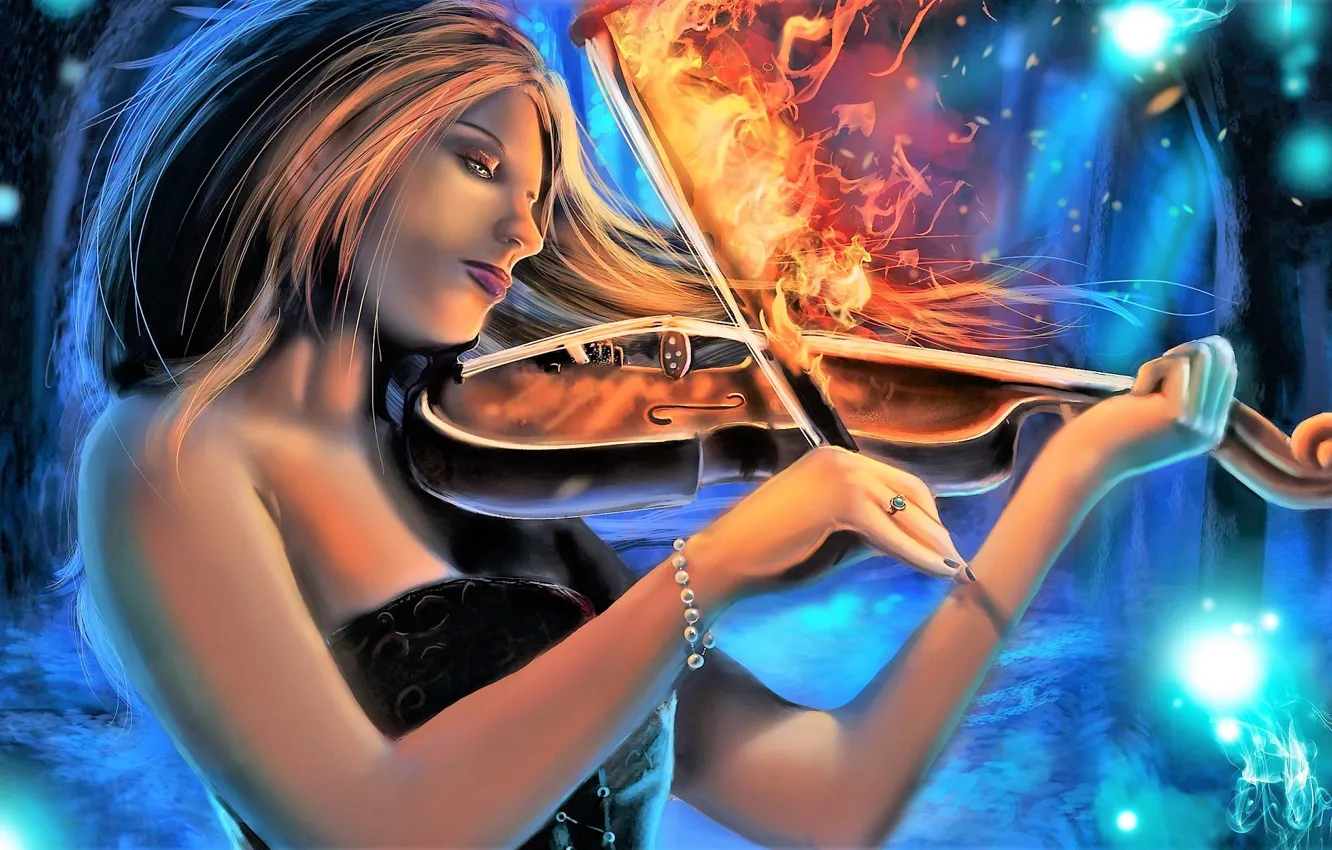 Фото обои девушка, огонь, скрипка