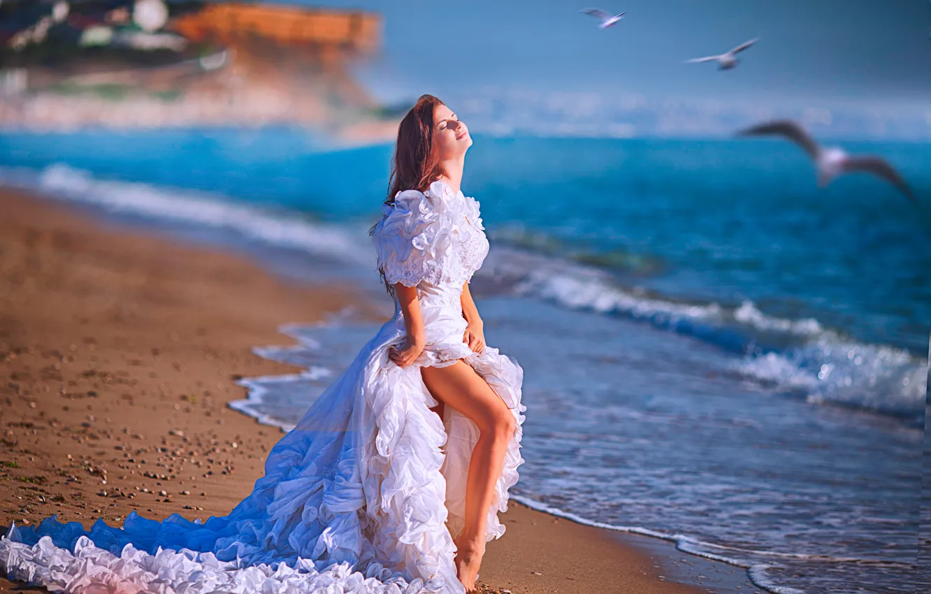 Фото обои песок, море, пляж, девушка, солнце, птицы, чайки, платье