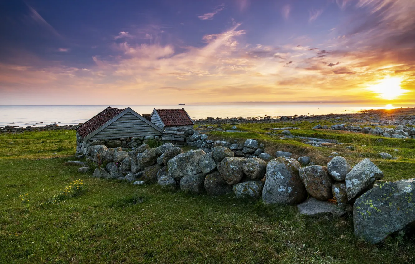 Фото обои закат, камни, побережье, Норвегия, Rogaland, сарайчики