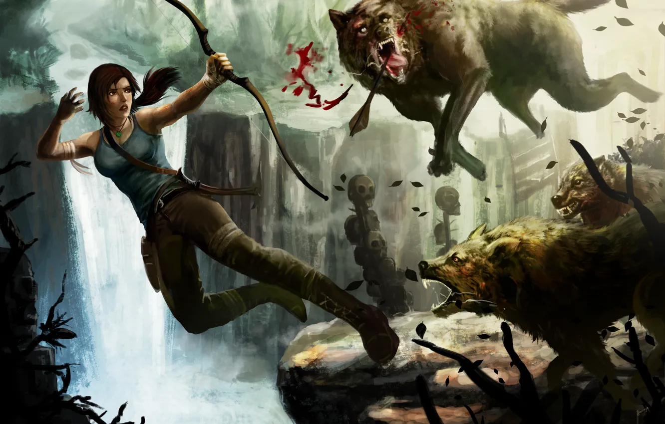 Фото обои девушка, лук, арт, волки, Tomb Raider, Лара Крофт, Lara Croft