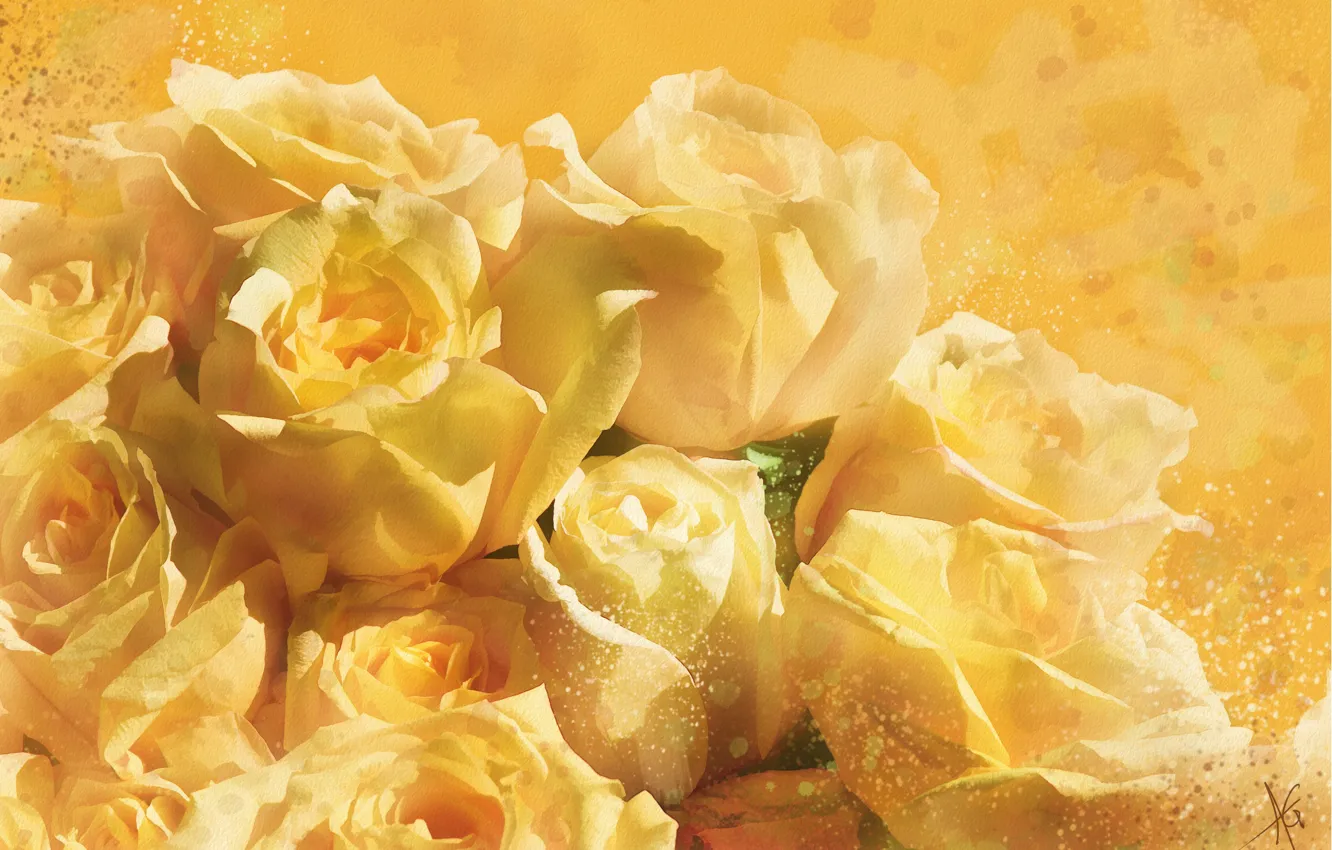 Фото обои цветы, желтый, фон, рисунок, графика, розы, обработка, картина