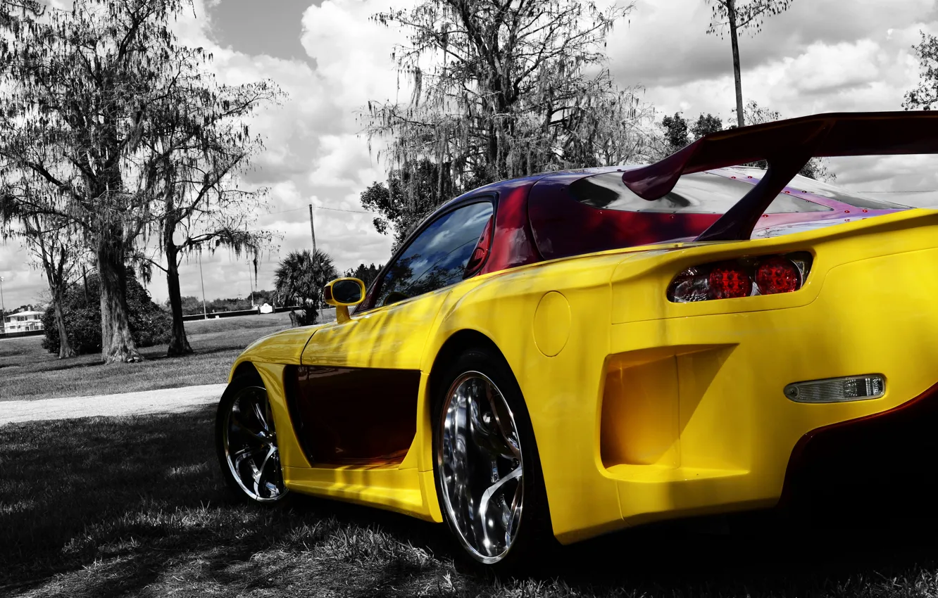 Фото обои Mazda, Yellow, Tuning, Back, Trees, Rx-7, Veilside