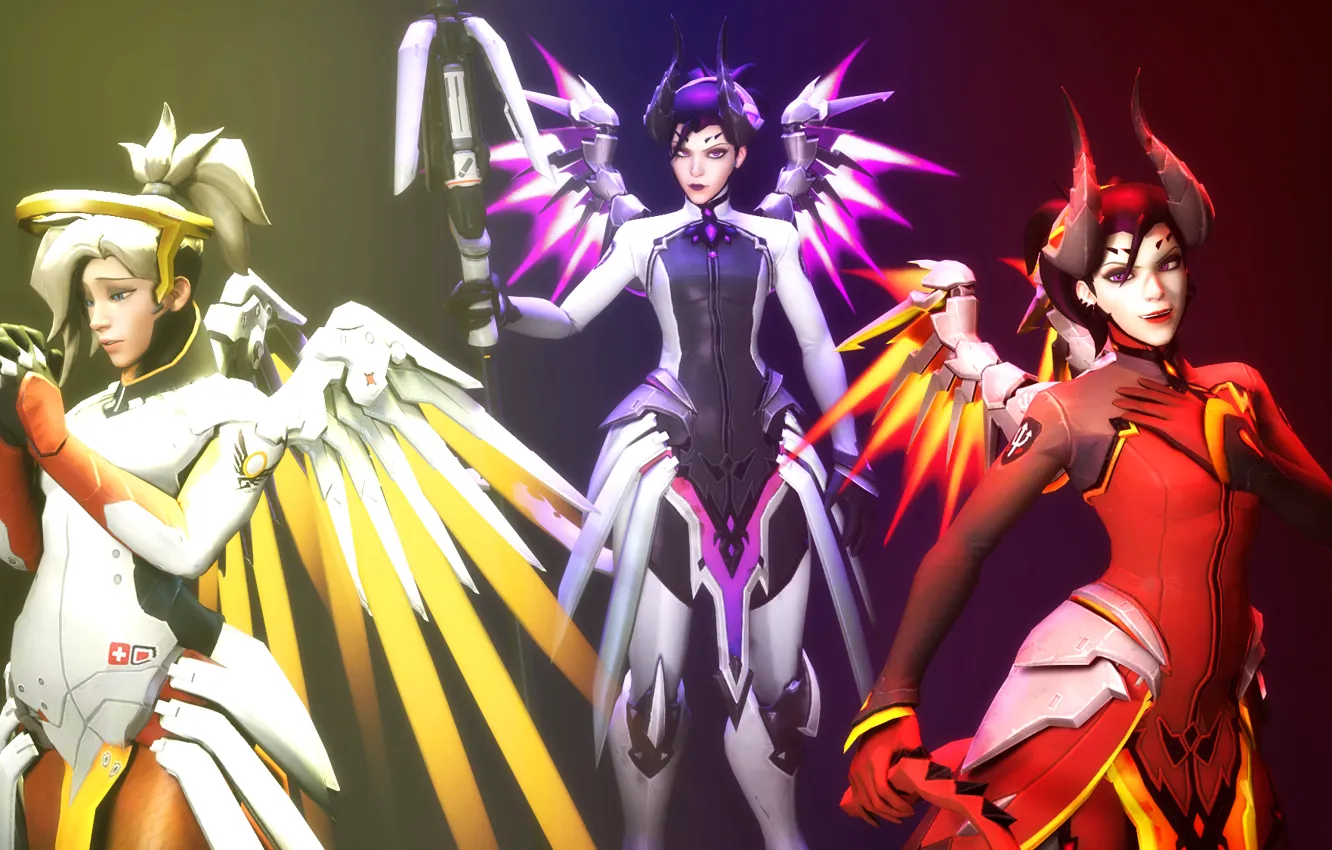 Фото обои крылья, ангел, демон, рога, Imp, Overwatch, mercy, Angela Ziegler