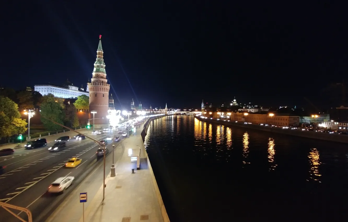 Фото обои москва, ночной город, москва-река, ночная москва