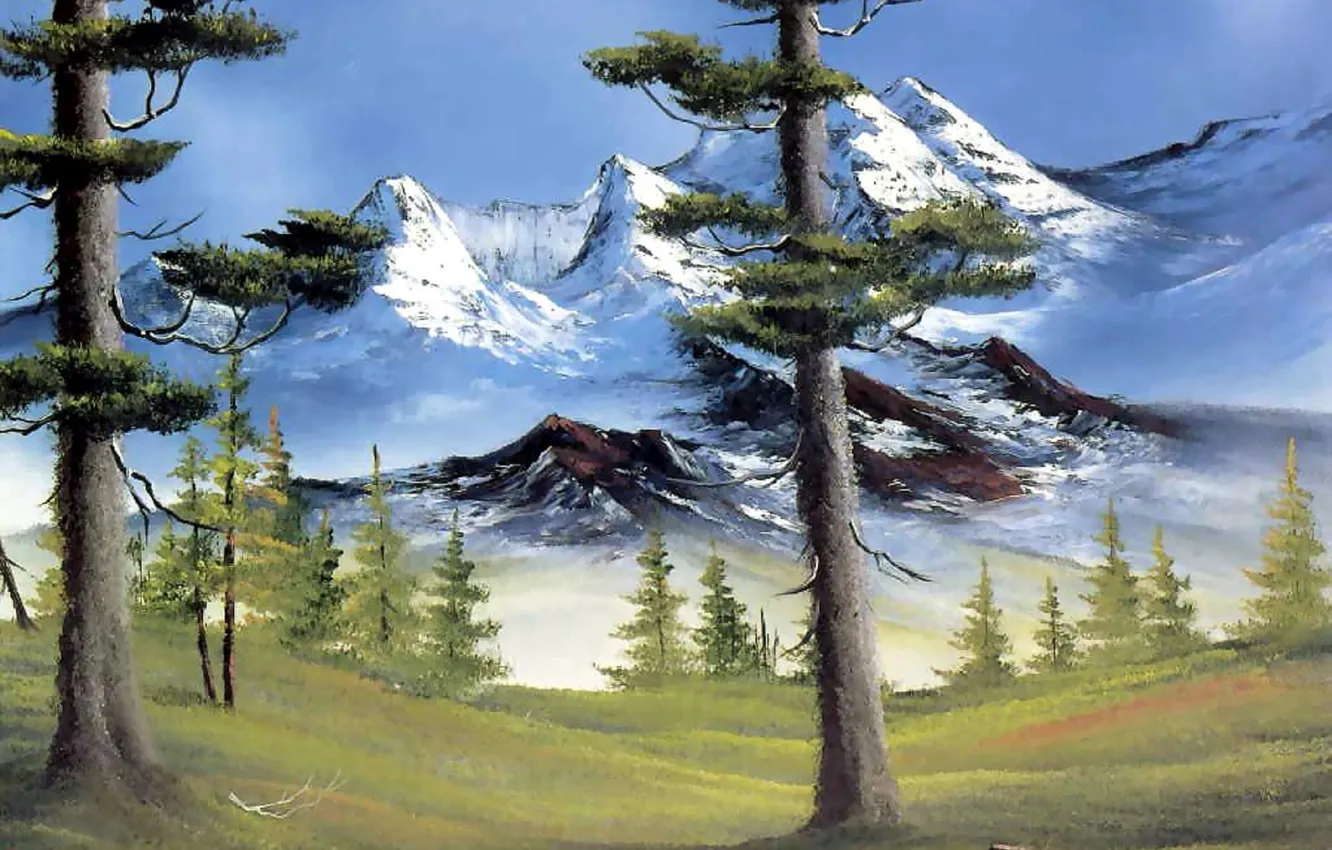 Фото обои лес, небо, снег, деревья, пейзаж, горы, картина, ветка