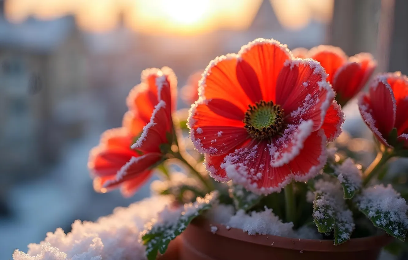 Фото обои зима, снег, цветы, весна, flowers, winter, snow, spring