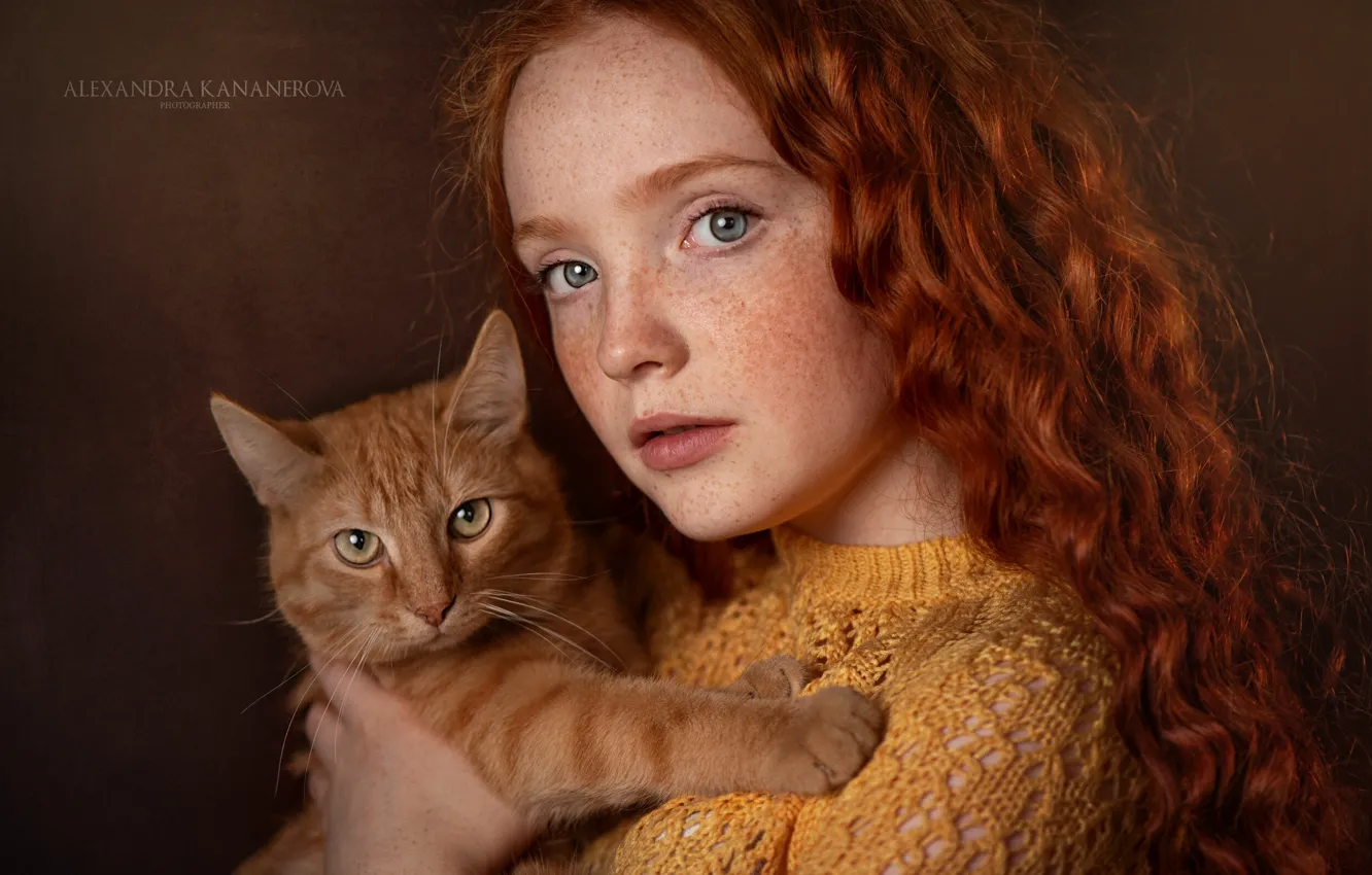 Фото обои кот, взгляд, лицо, фон, портрет, рыжий, девочка, веснушки