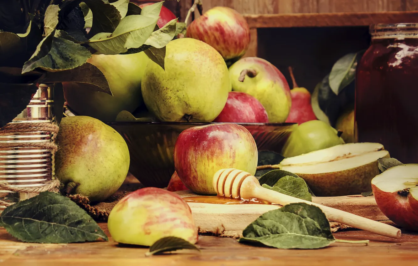 Фото обои яблоки, мед, груши