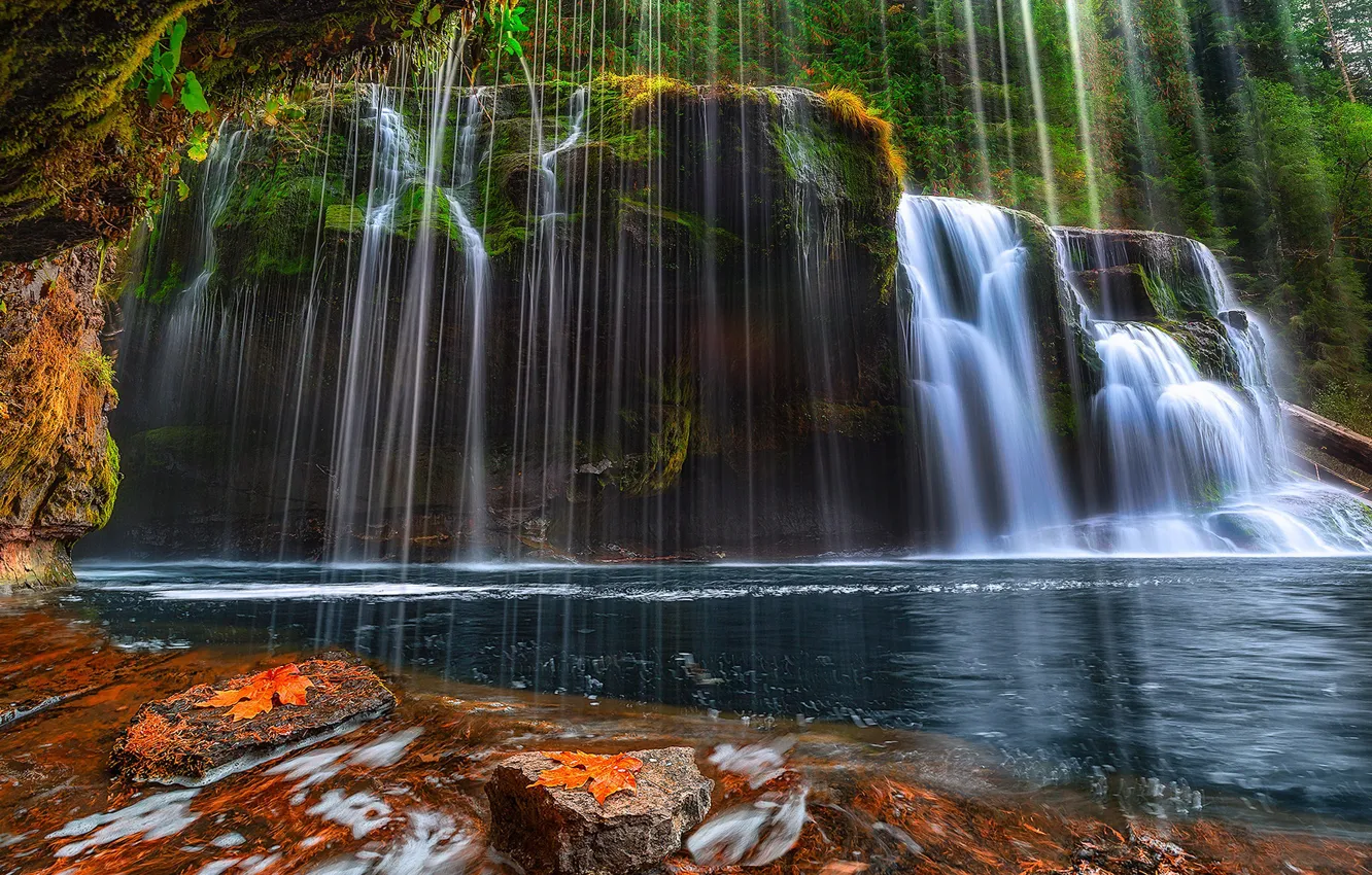Фото обои деревья, озеро, камни, скалы, водопад, поток, США, штат Вашингтон