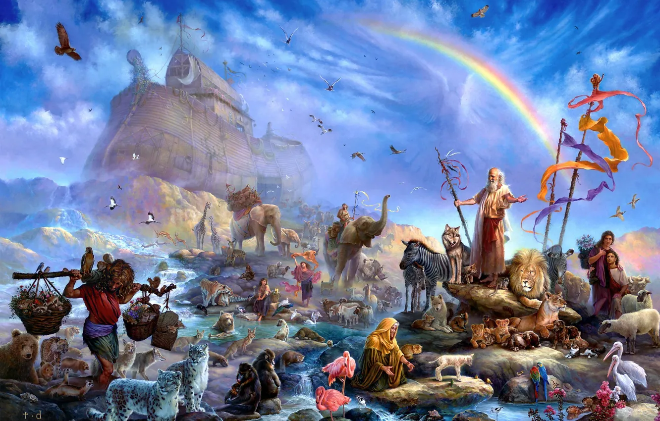 Фото обои животные, люди, радуга, арт, спасение, ковчег, Tom duBois, Ноев ковчег