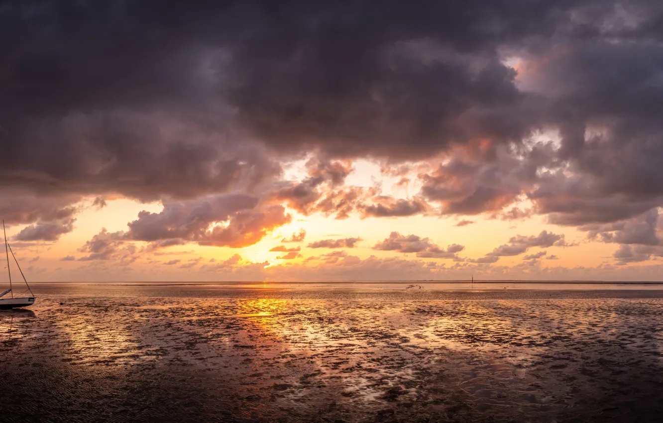 Фото обои German, ocean, nature, water, clouds, sand, boat, Sun Goes Down