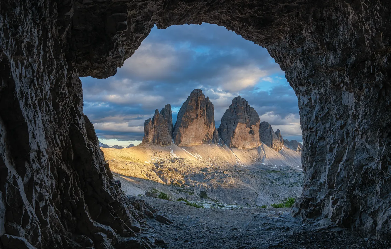 Фото обои горы, камни, скалы, вид, арка, пещера, свод, Доломиты