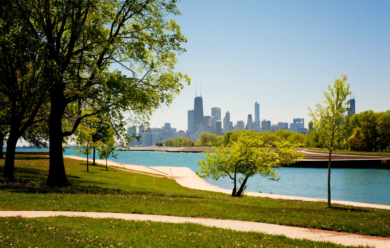 Фото обои небо, парк, здания, небоскребы, USA, америка, чикаго, Chicago